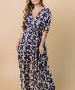 BB Custom Luca Jacquard Kimono Maxi Dress | Blue + Pink Floral Dresses