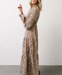 HAY Luella Smocked Maxi Dress | Beige + Mauve Floral