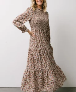 HAY Luella Smocked Maxi Dress | Beige + Mauve Floral