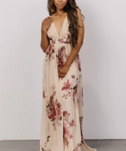Lyla V Neck Maxi Dress | Natural + Berry Floral Dresses