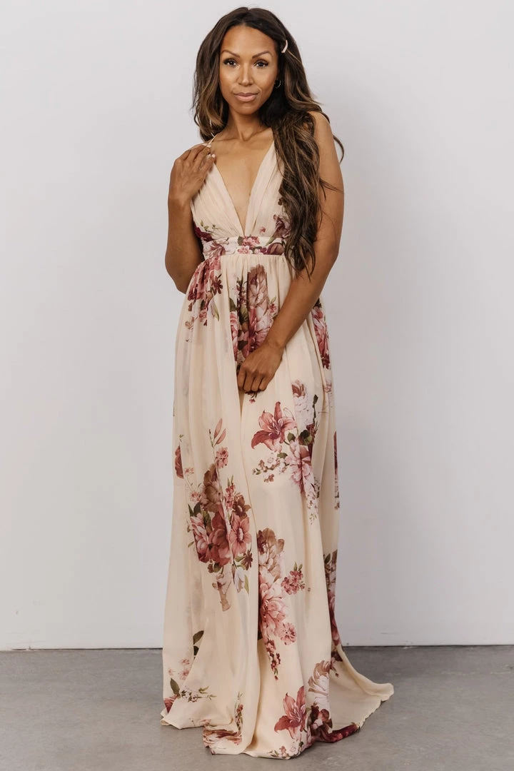 Lyla V Neck Maxi Dress | Natural + Berry Floral Dresses 1 Lyla V Neck Maxi Dress | Natural + Berry Floral Dresses