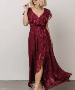 BB Custom Marion Jacquard Ruffle Maxi Dress | Merlot 19 BB Custom Marion Jacquard Ruffle Maxi Dress | Merlot