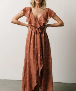 BB Custom Marion Jacquard Ruffle Maxi Dress | Rosy Brown Dresses