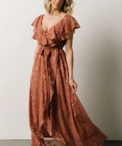 BB Custom Marion Jacquard Ruffle Maxi Dress | Rosy Brown Dresses