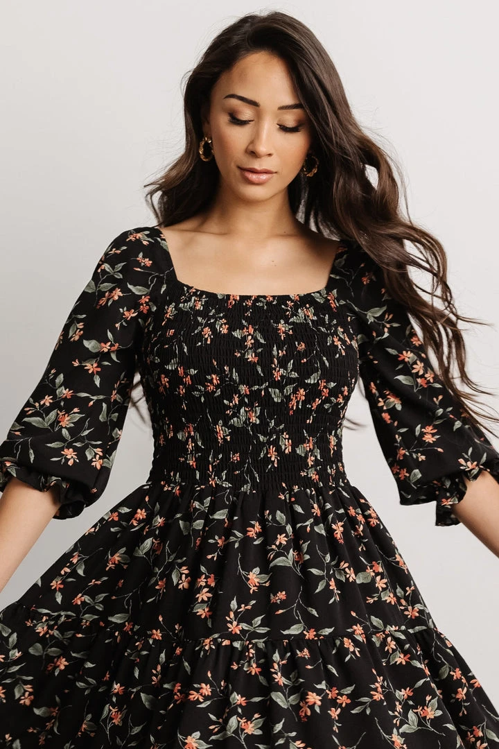BB Custom Marta Smocked Midi Dress | Black Floral Dresses 9 BB Custom Marta Smocked Midi Dress | Black Floral Dresses