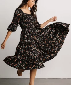 BB Custom Marta Smocked Midi Dress | Black Floral Dresses
