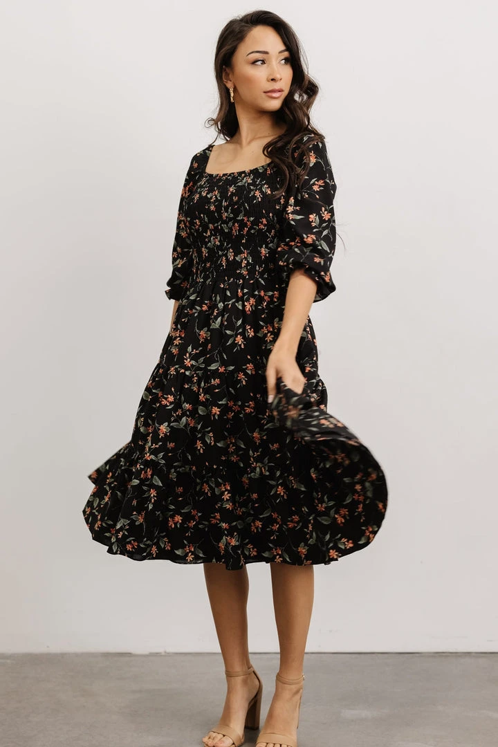 BB Custom Marta Smocked Midi Dress | Black Floral Dresses 6 BB Custom Marta Smocked Midi Dress | Black Floral Dresses