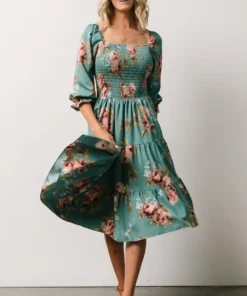 BB Custom Marta Smocked Midi Dress | Persian Green Floral Dresses