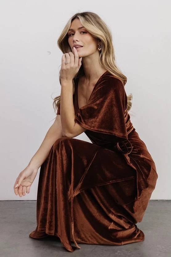 BB Custom Meghan Velvet Wrap Maxi Dress | Bronze Dresses 10 BB Custom Meghan Velvet Wrap Maxi Dress | Bronze Dresses