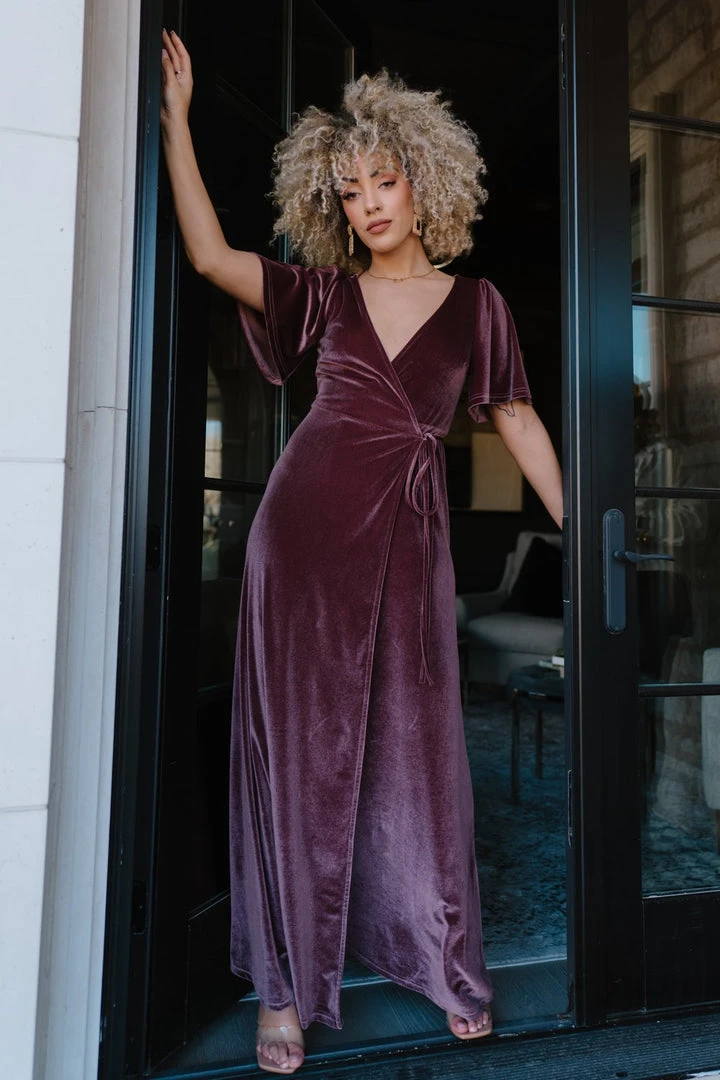 BB Custom Dresses Meghan Velvet Wrap Maxi Dress | Dusty Plum 1 BB Custom Dresses Meghan Velvet Wrap Maxi Dress | Dusty Plum