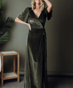 BB Custom Meghan Velvet Wrap Maxi Dress | Olive