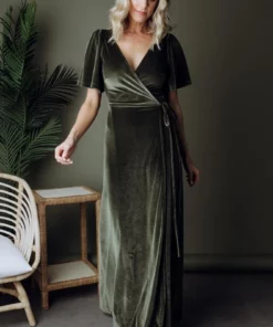 BB Custom Meghan Velvet Wrap Maxi Dress | Olive