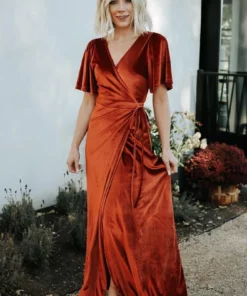 BB Custom Meghan Velvet Wrap Maxi Dress | Rust 20 BB Custom Meghan Velvet Wrap Maxi Dress | Rust