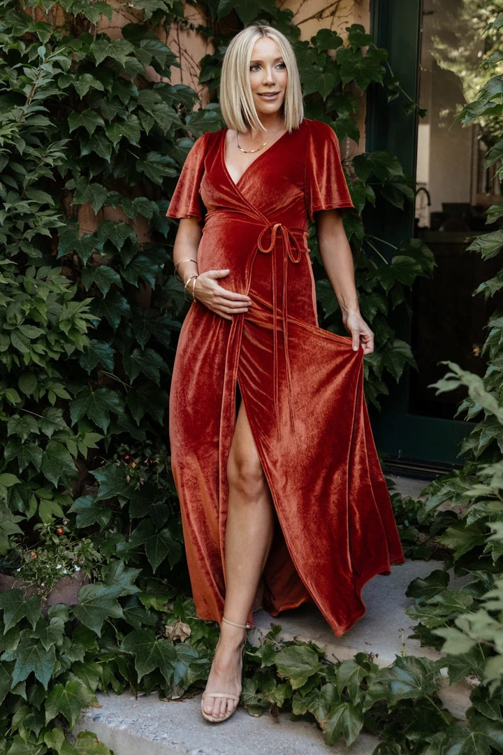 BB Custom Meghan Velvet Wrap Maxi Dress | Rust 2 BB Custom Meghan Velvet Wrap Maxi Dress | Rust
