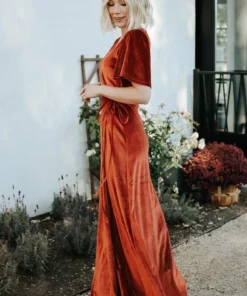 BB Custom Meghan Velvet Wrap Maxi Dress | Rust 17 BB Custom Meghan Velvet Wrap Maxi Dress | Rust