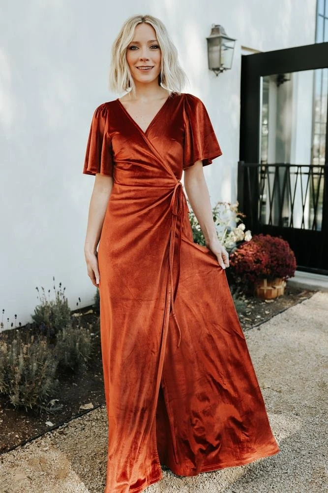 BB Custom Meghan Velvet Wrap Maxi Dress | Rust 1 BB Custom Meghan Velvet Wrap Maxi Dress | Rust