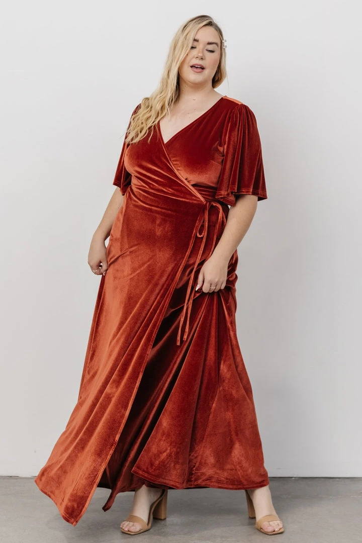BB Custom Meghan Velvet Wrap Maxi Dress | Terracotta 10 BB Custom Meghan Velvet Wrap Maxi Dress | Terracotta