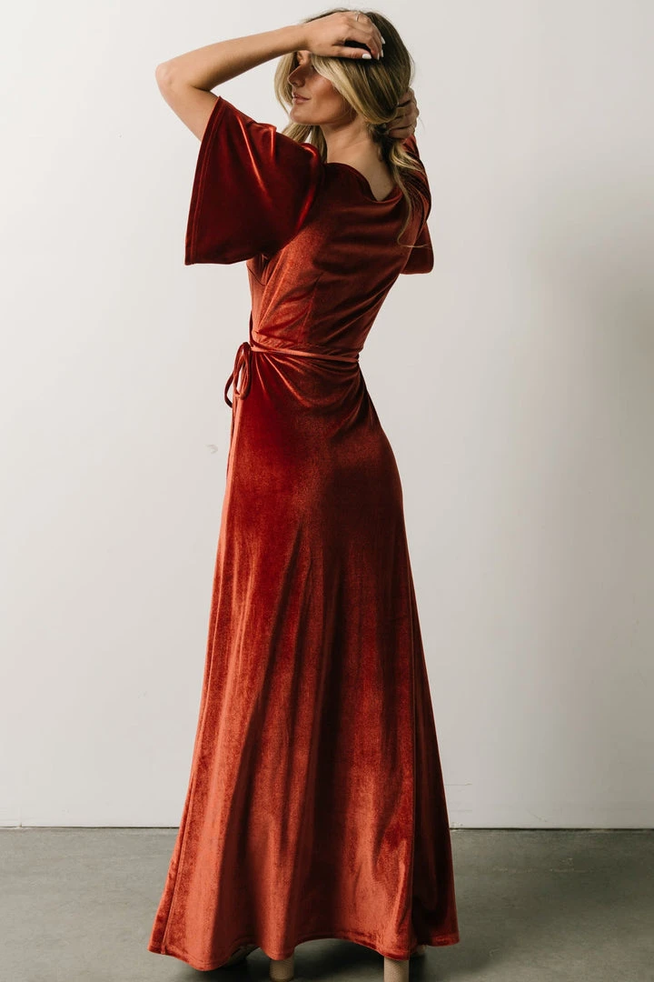 BB Custom Meghan Velvet Wrap Maxi Dress | Terracotta 12 BB Custom Meghan Velvet Wrap Maxi Dress | Terracotta