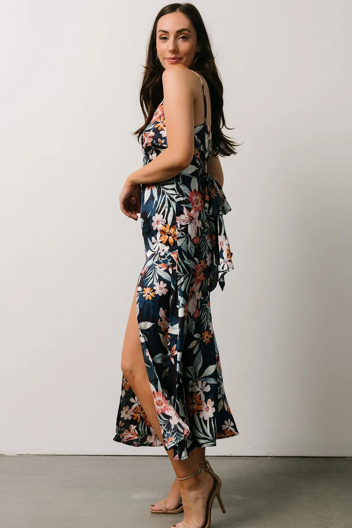 DF Dresses Midnight Tropics Satin Dress | Deep Blue Floral 5 DF Dresses Midnight Tropics Satin Dress | Deep Blue Floral