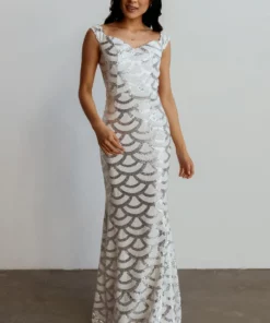 RR Dresses Milan Sequin Gown | White + Silver