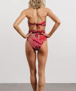 EN Milos High Waist Tie Bikini Bottom | Red Monstera Print Swim