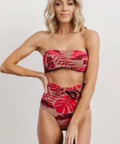 EN Milos High Waist Tie Bikini Bottom | Red Monstera Print Swim