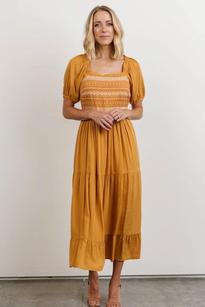POL Newcastle Embroidered Midi Dress | Mustard 3 POL Newcastle Embroidered Midi Dress | Mustard
