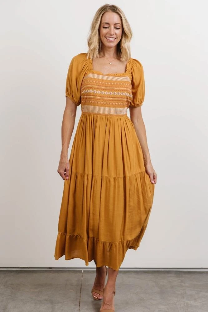 POL Newcastle Embroidered Midi Dress | Mustard 1 POL Newcastle Embroidered Midi Dress | Mustard