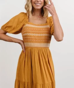POL Newcastle Embroidered Midi Dress | Mustard