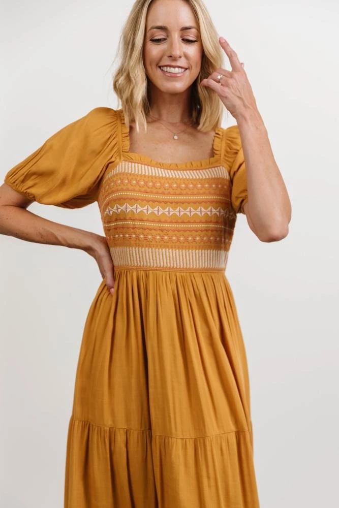 POL Newcastle Embroidered Midi Dress | Mustard 2 POL Newcastle Embroidered Midi Dress | Mustard