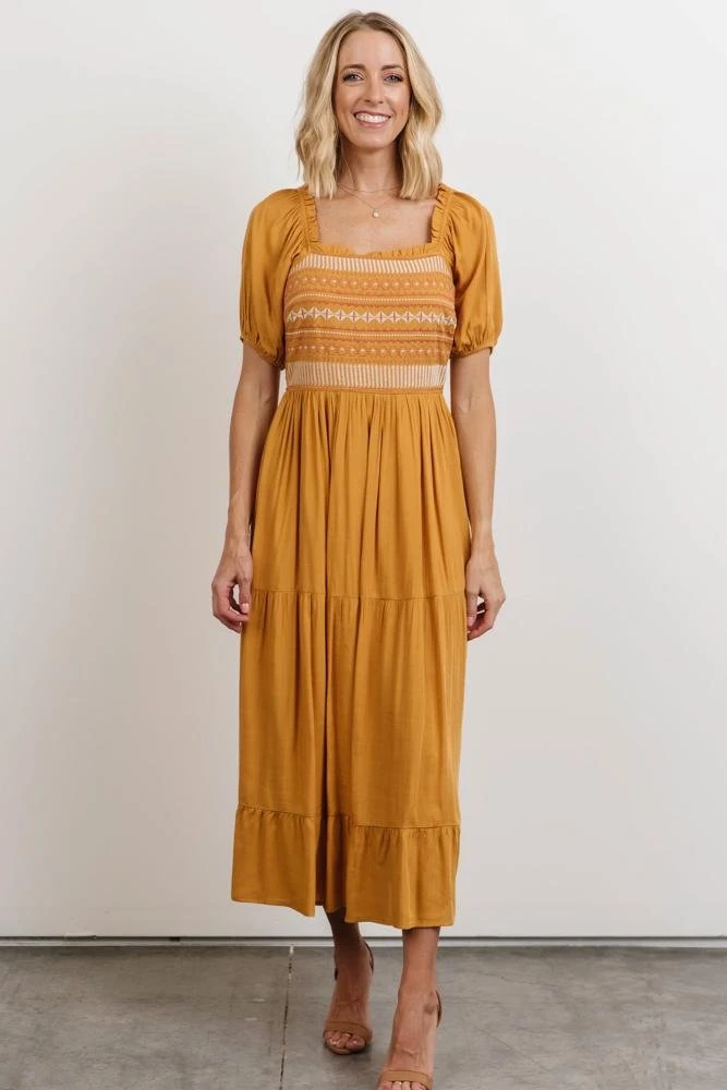 POL Newcastle Embroidered Midi Dress | Mustard 8 POL Newcastle Embroidered Midi Dress | Mustard
