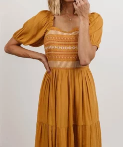 POL Newcastle Embroidered Midi Dress | Mustard 14 POL Newcastle Embroidered Midi Dress | Mustard