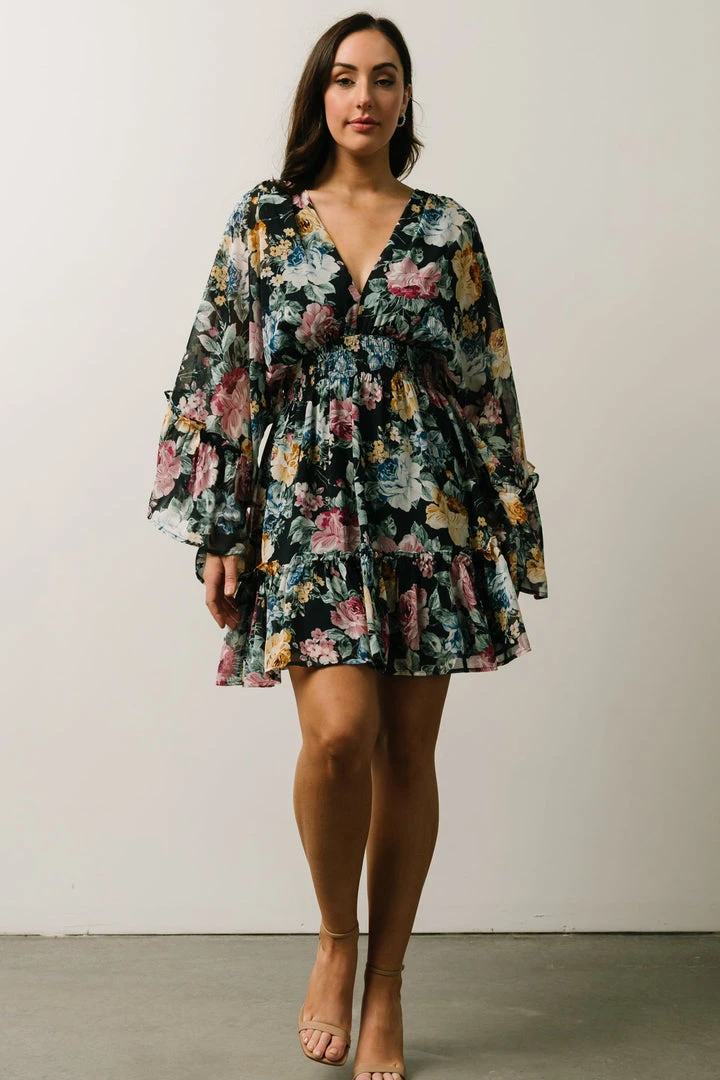 DF Pansy Mini Dress | Black Multi Floral Dresses 8 DF Pansy Mini Dress | Black Multi Floral Dresses