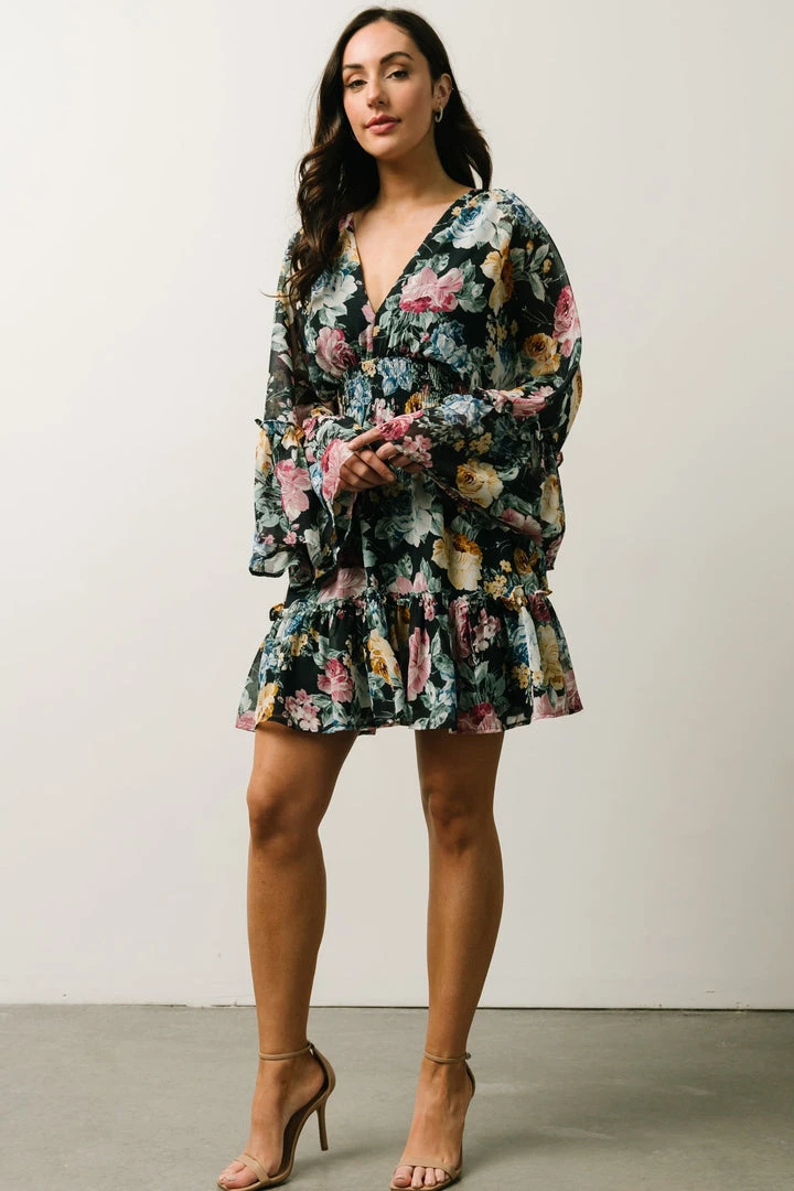 DF Pansy Mini Dress | Black Multi Floral Dresses 9 DF Pansy Mini Dress | Black Multi Floral Dresses