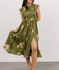SL Pia Smocked Midi Dress | Olive Floral Shop All 9 SL Pia Smocked Midi Dress | Olive Floral Shop All