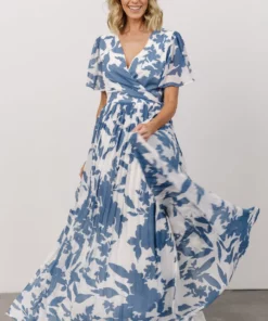 Soi Dresses Ranier Pleated Wrap Maxi Dress | French Blue Print