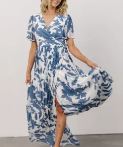 Soi Dresses Ranier Pleated Wrap Maxi Dress | French Blue Print