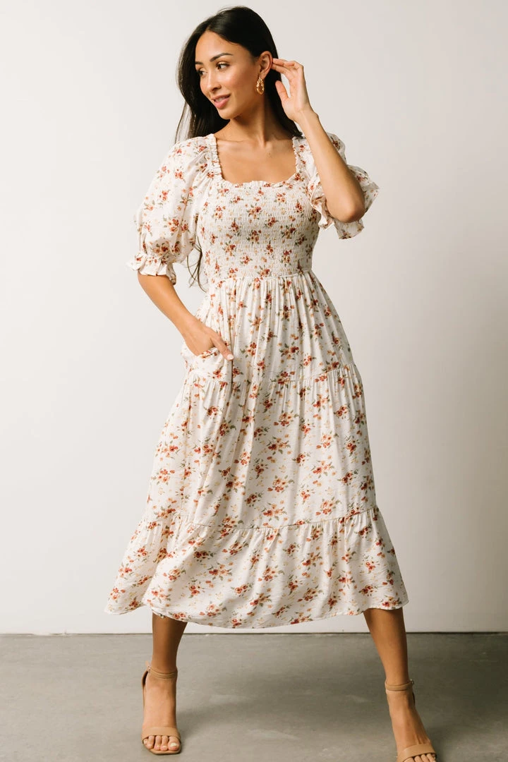 POL Sariah Smocked Midi Dress | Ivory Floral 1 POL Sariah Smocked Midi Dress | Ivory Floral