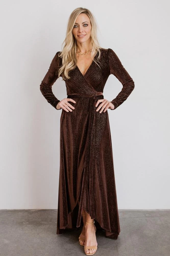 BB Custom Serena Shimmer Velvet Wrap Dress | Chocolate Dresses 1 BB Custom Serena Shimmer Velvet Wrap Dress | Chocolate Dresses