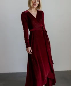 BB Custom Serena Shimmer Velvet Wrap Dress | Merlot