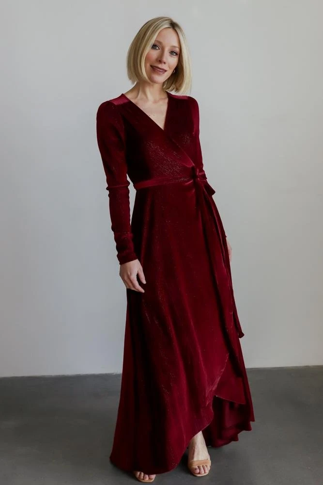 BB Custom Serena Shimmer Velvet Wrap Dress | Merlot 1 BB Custom Serena Shimmer Velvet Wrap Dress | Merlot