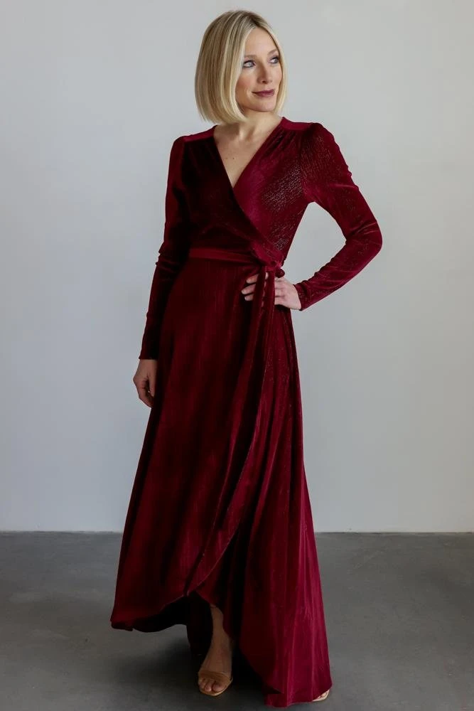 BB Custom Serena Shimmer Velvet Wrap Dress | Merlot 4 BB Custom Serena Shimmer Velvet Wrap Dress | Merlot