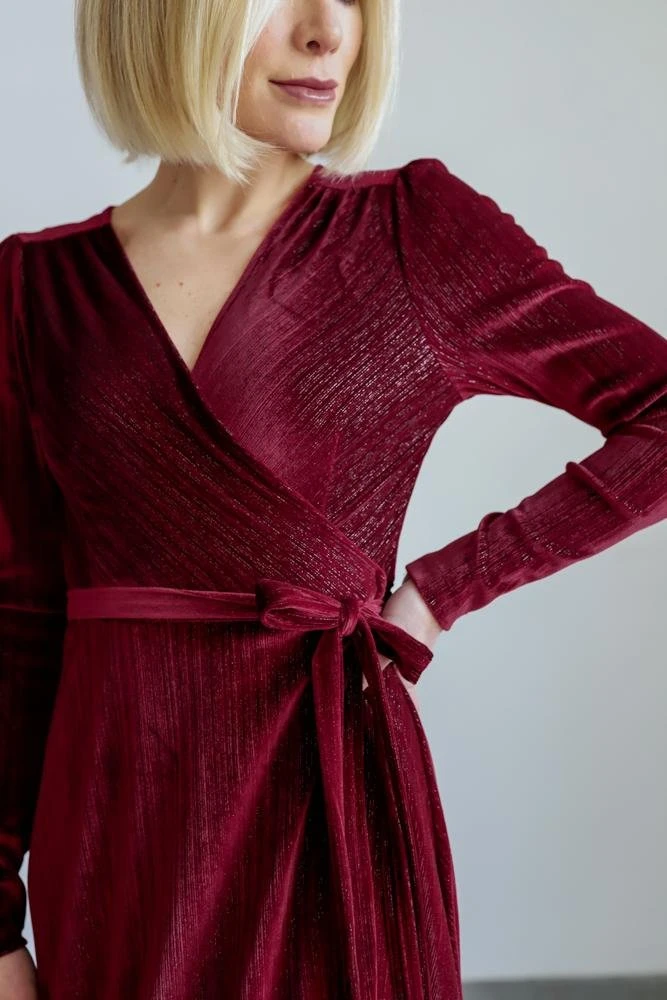 BB Custom Serena Shimmer Velvet Wrap Dress | Merlot 3 BB Custom Serena Shimmer Velvet Wrap Dress | Merlot