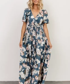 BB Custom Dresses Sicily Satin Maxi Dress | Blue Floral