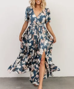 BB Custom Dresses Sicily Satin Maxi Dress | Blue Floral