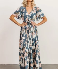 BB Custom Dresses Sicily Satin Maxi Dress | Blue Floral