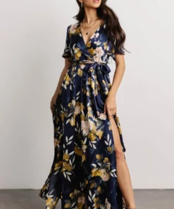 BB Custom Sicily Satin Maxi Dress | Navy Floral