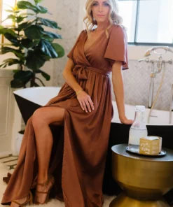 BB Custom Sicily Satin Maxi Dress | Rosy Brown