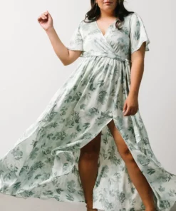 BB Custom Sicily Satin Maxi Dress | Sage Floral Dresses