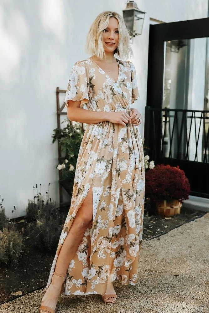 BB Custom Sicily Satin Maxi Dress | Taupe Floral Dresses 9 BB Custom Sicily Satin Maxi Dress | Taupe Floral Dresses